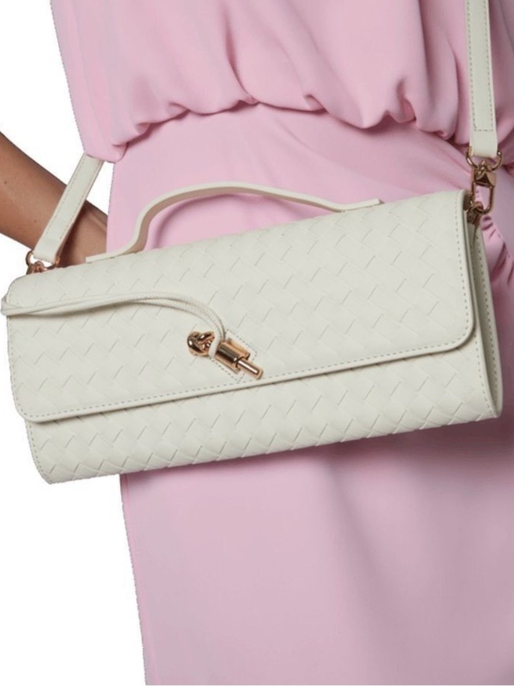 Cream Woven Vegan Leather Convertible Clutch Crossbody Gold Evening Designer NWT